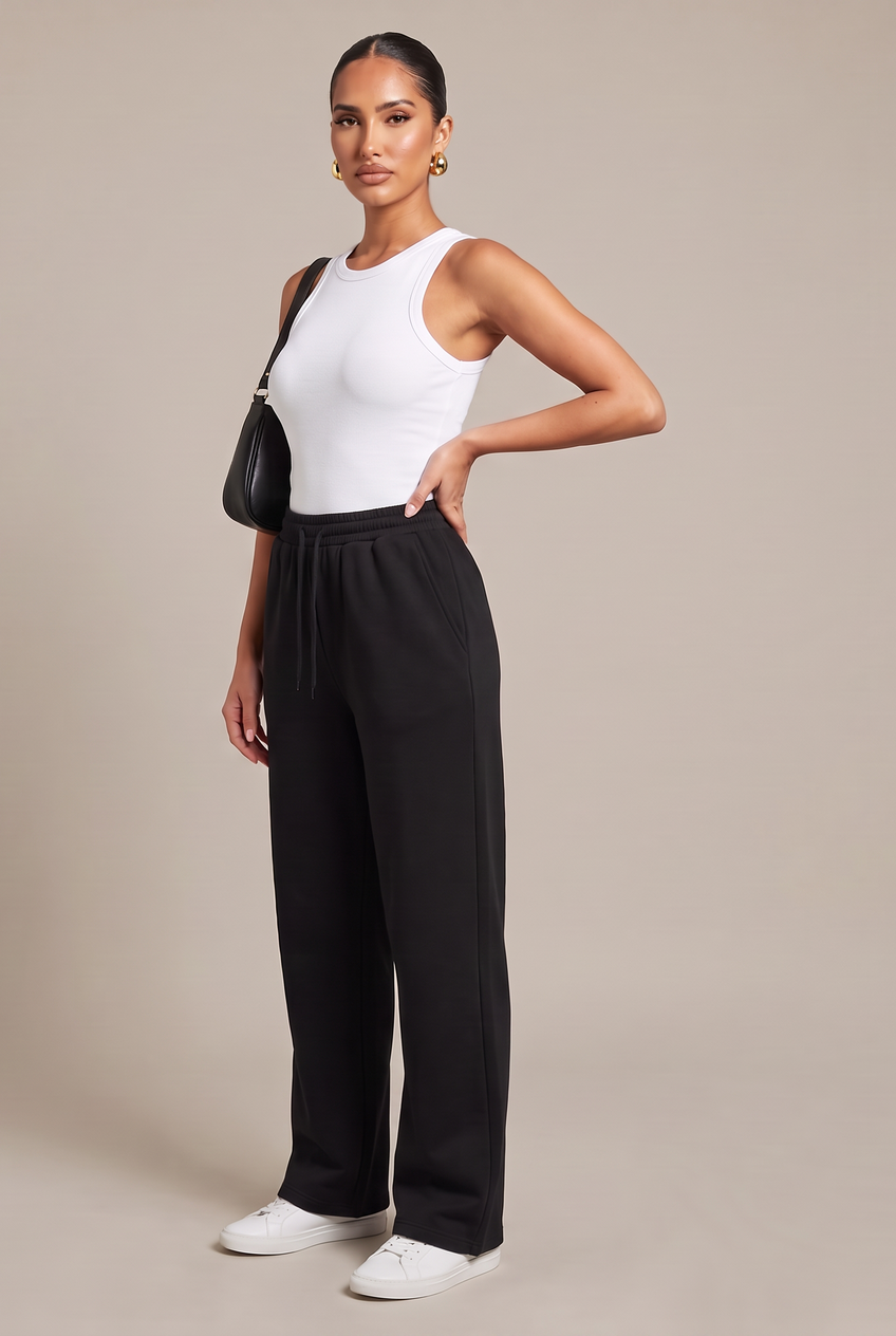 Kovelle wide leg joggers in black, front view on model