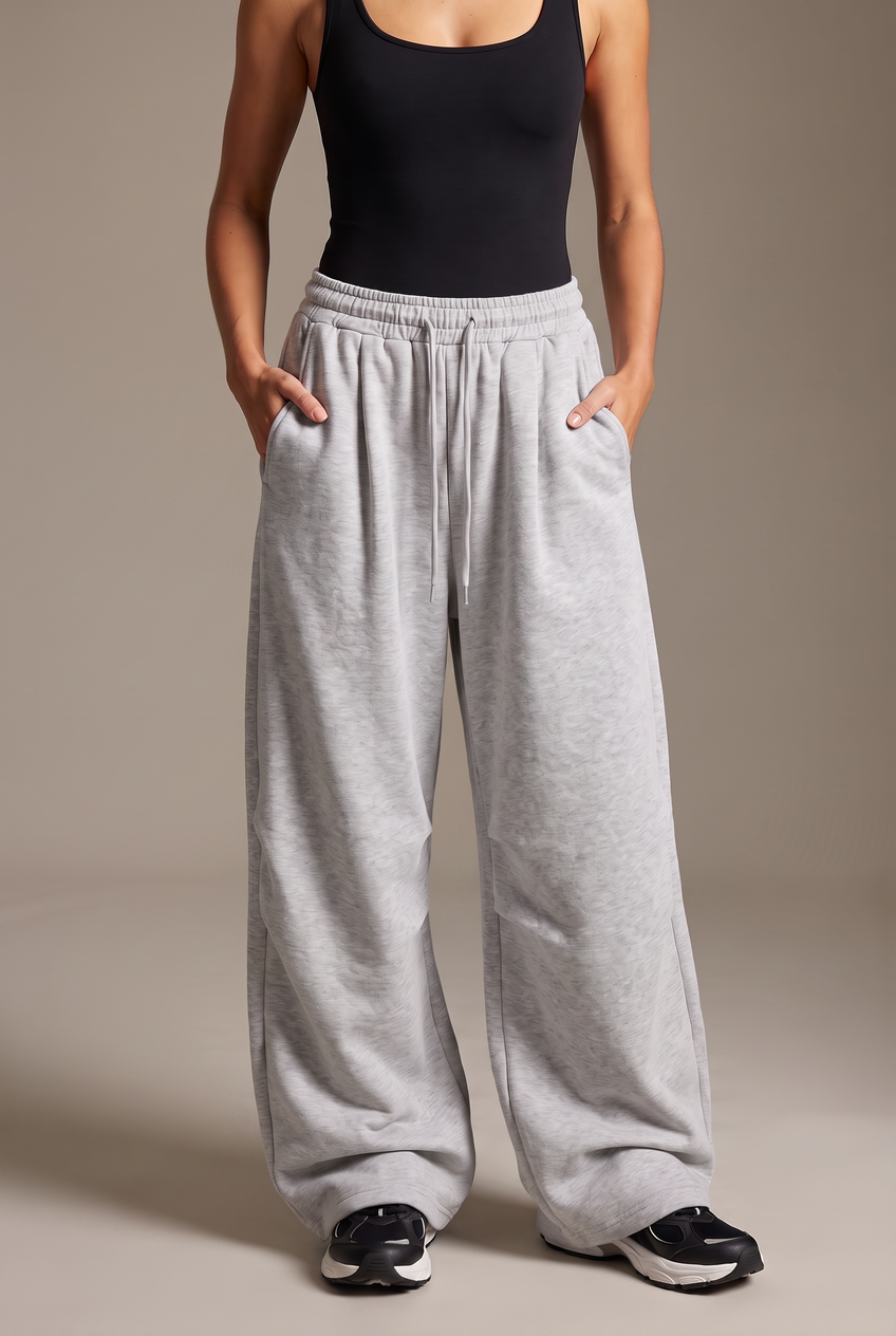 Kovelle wide leg sweatpants in grey marl, close-up detail on model