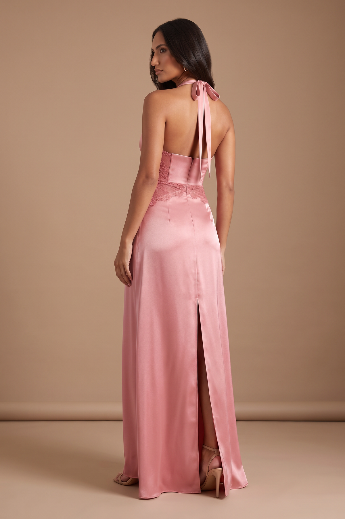 Blush Satin Lace Square Neck Maxi Dress