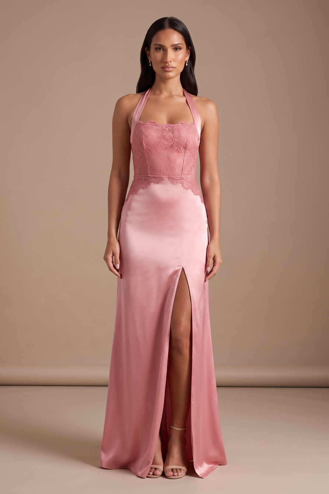 Kovelle Blush Satin Lace Square Neck Maxi Dress, front studio view on model