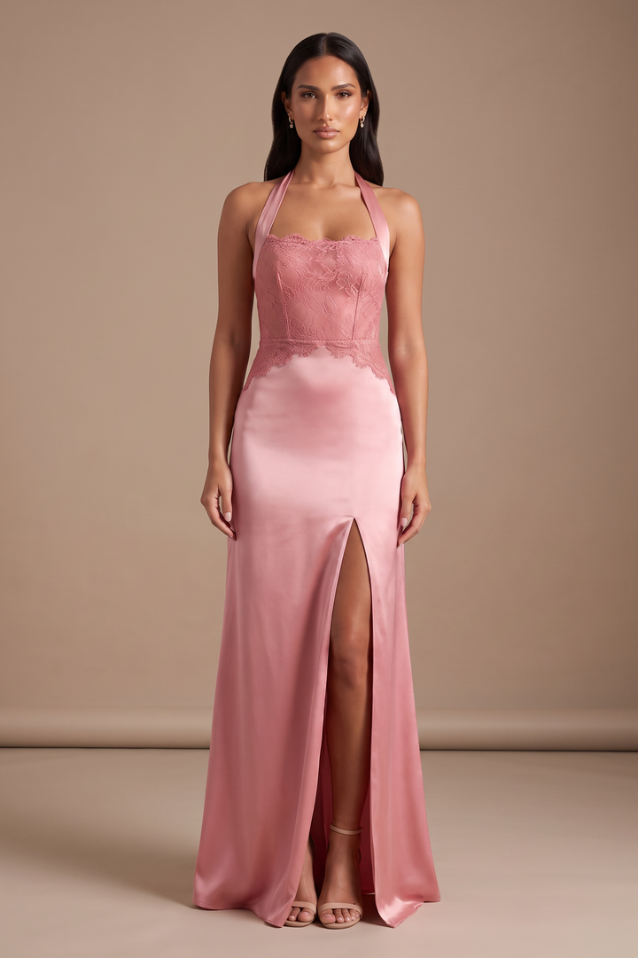 Kovelle Blush Satin Lace Square Neck Maxi Dress, front studio view on model