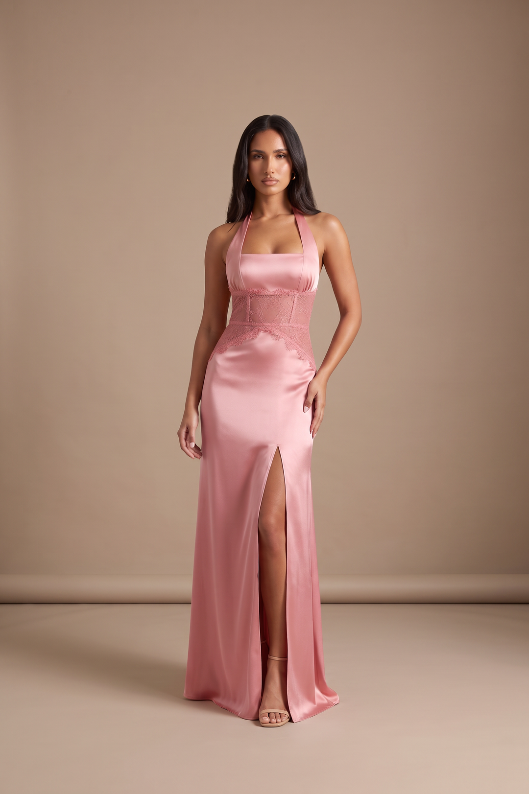 Kovelle Blush Satin Lace Square Neck Maxi Dress, three quarter view showing the split