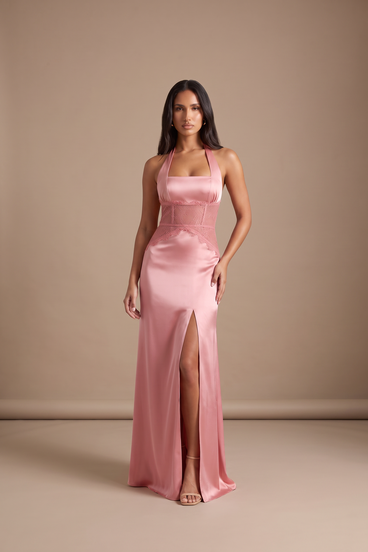 Blush Satin Lace Square Neck Maxi Dress