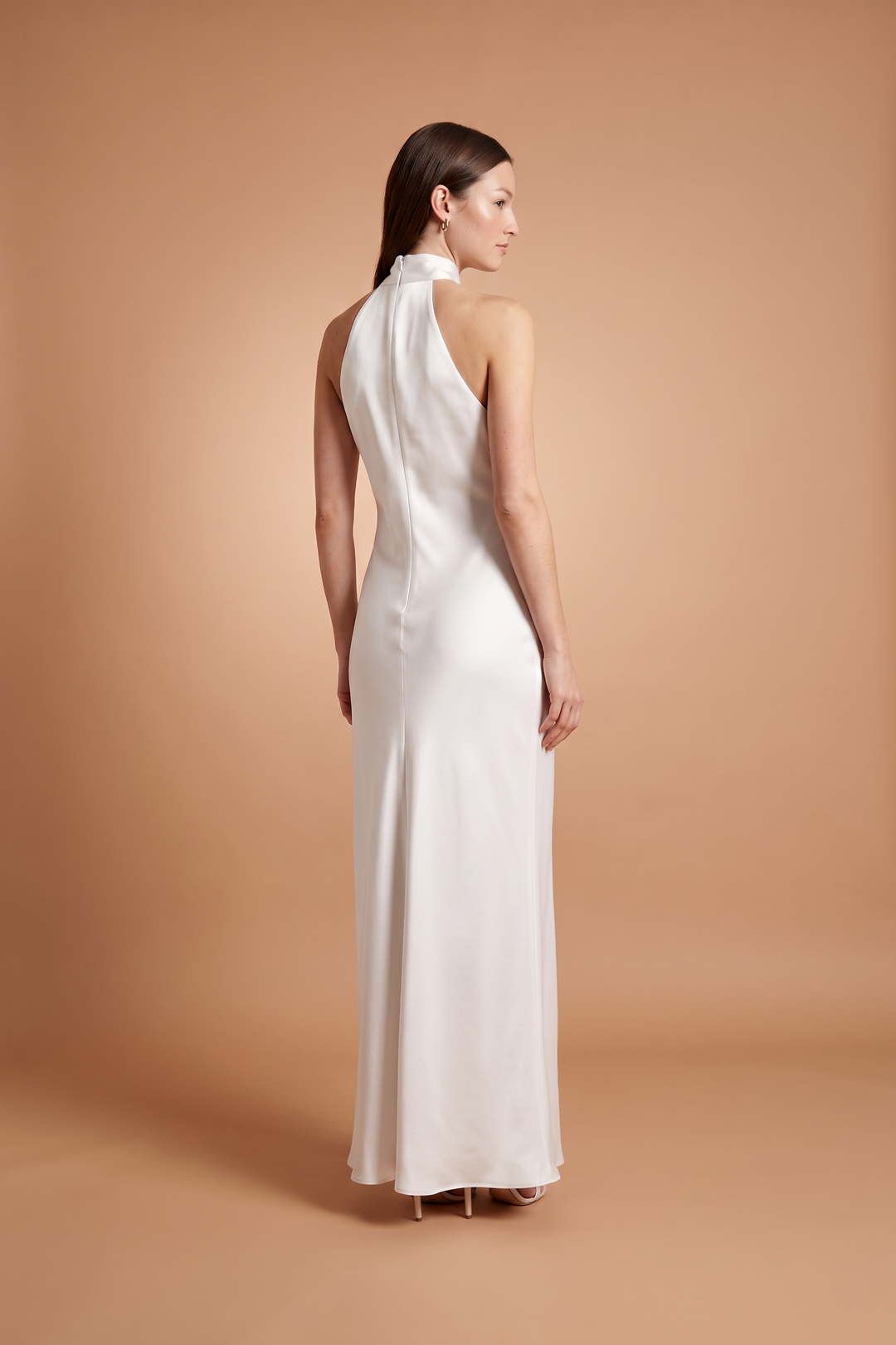 Kovelle White Satin Halter Maxi Gown, back view showing the halter neck