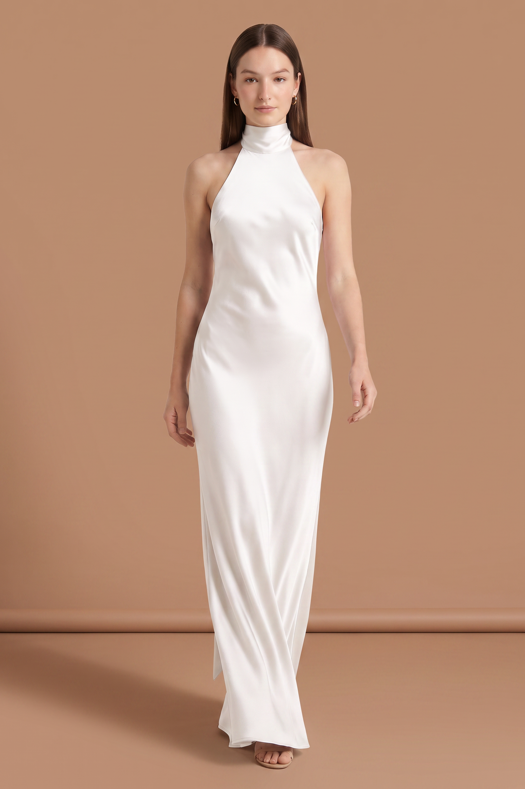 Kovelle White Satin Halter Maxi Gown, front studio view on model