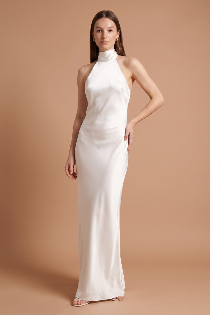 Kovelle White Satin Halter Maxi Gown, three quarter view on model