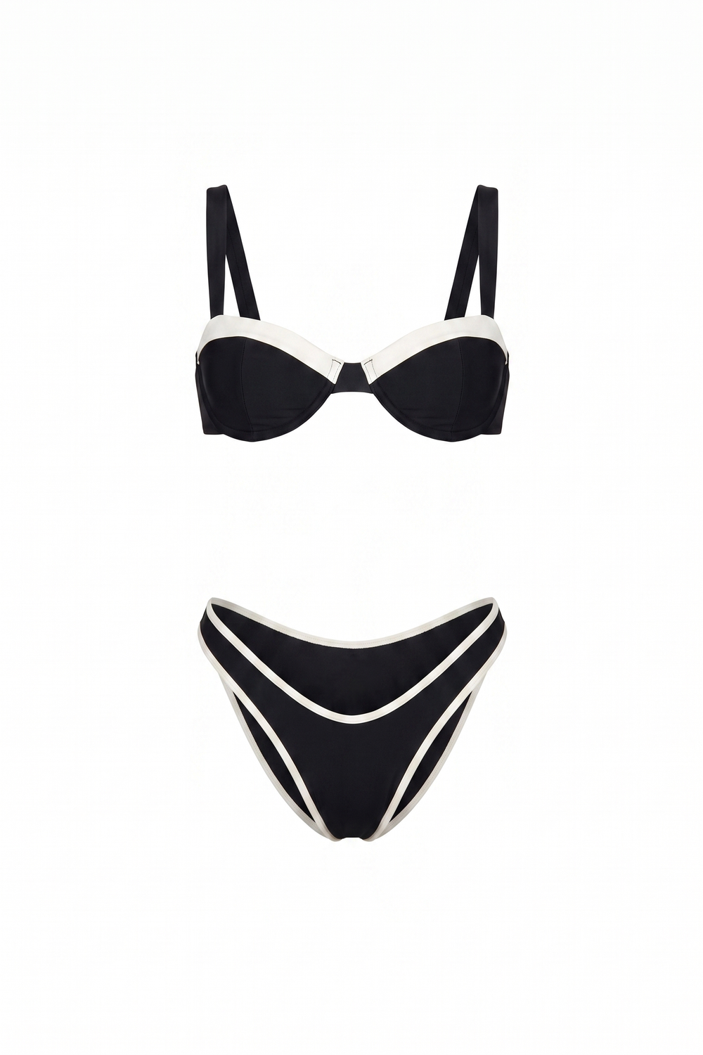 The Kovelle Contrast Trim Bikini Set photographed on its own against a white background, showing the balconette top and white bound bottoms