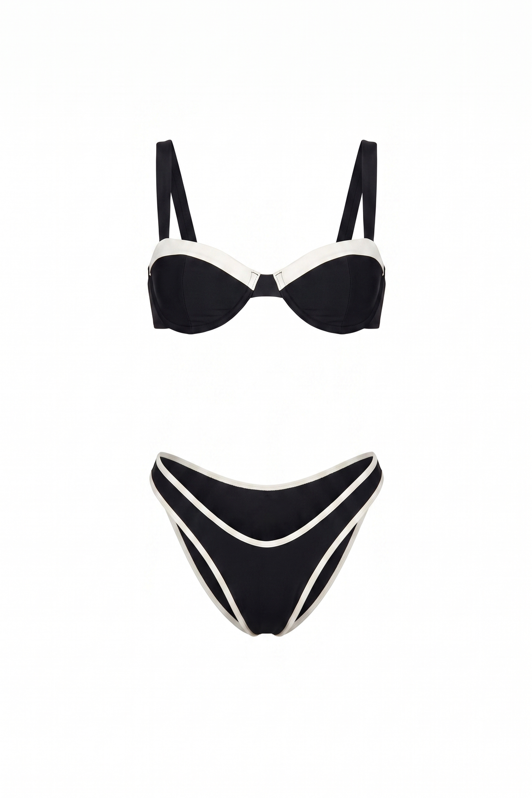 The Kovelle Contrast Trim Bikini Set photographed on its own against a white background, showing the balconette top and white bound bottoms