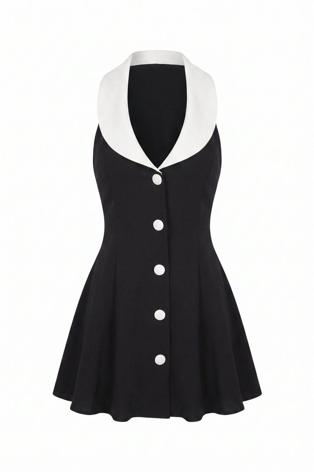 The Kovelle Black Collar Halter Mini Dress photographed on its own against a white background, showing the white lapel collar and button placket