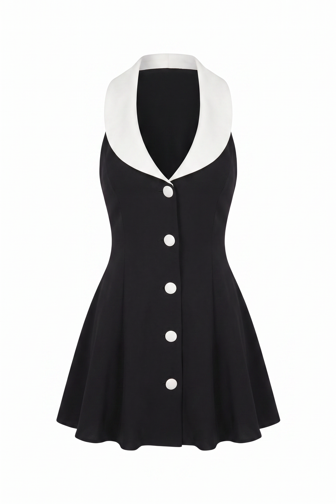 The Kovelle Black Collar Halter Mini Dress photographed on its own against a white background, showing the white lapel collar and button placket