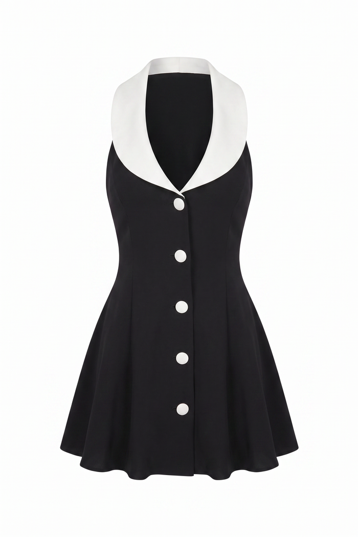 The Kovelle Black Collar Halter Mini Dress photographed on its own against a white background, showing the white lapel collar and button placket