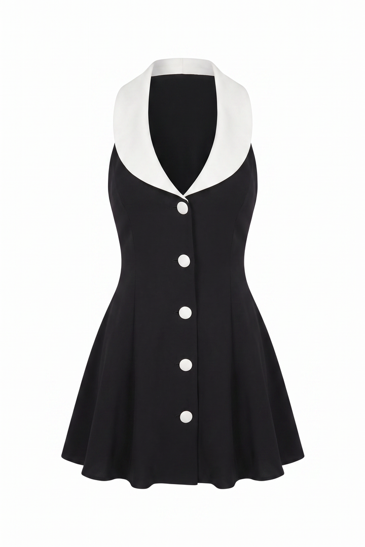 The Kovelle Black Collar Halter Mini Dress photographed on its own against a white background, showing the white lapel collar and button placket