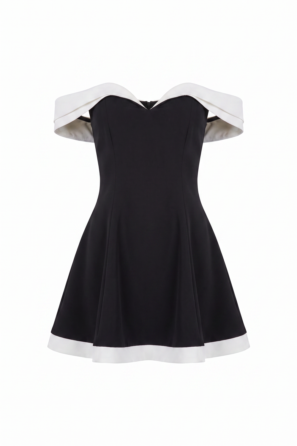 The Kovelle Off Shoulder Contrast Flare Mini Dress photographed on its own against a white background, showing the white off shoulder band and hem trim