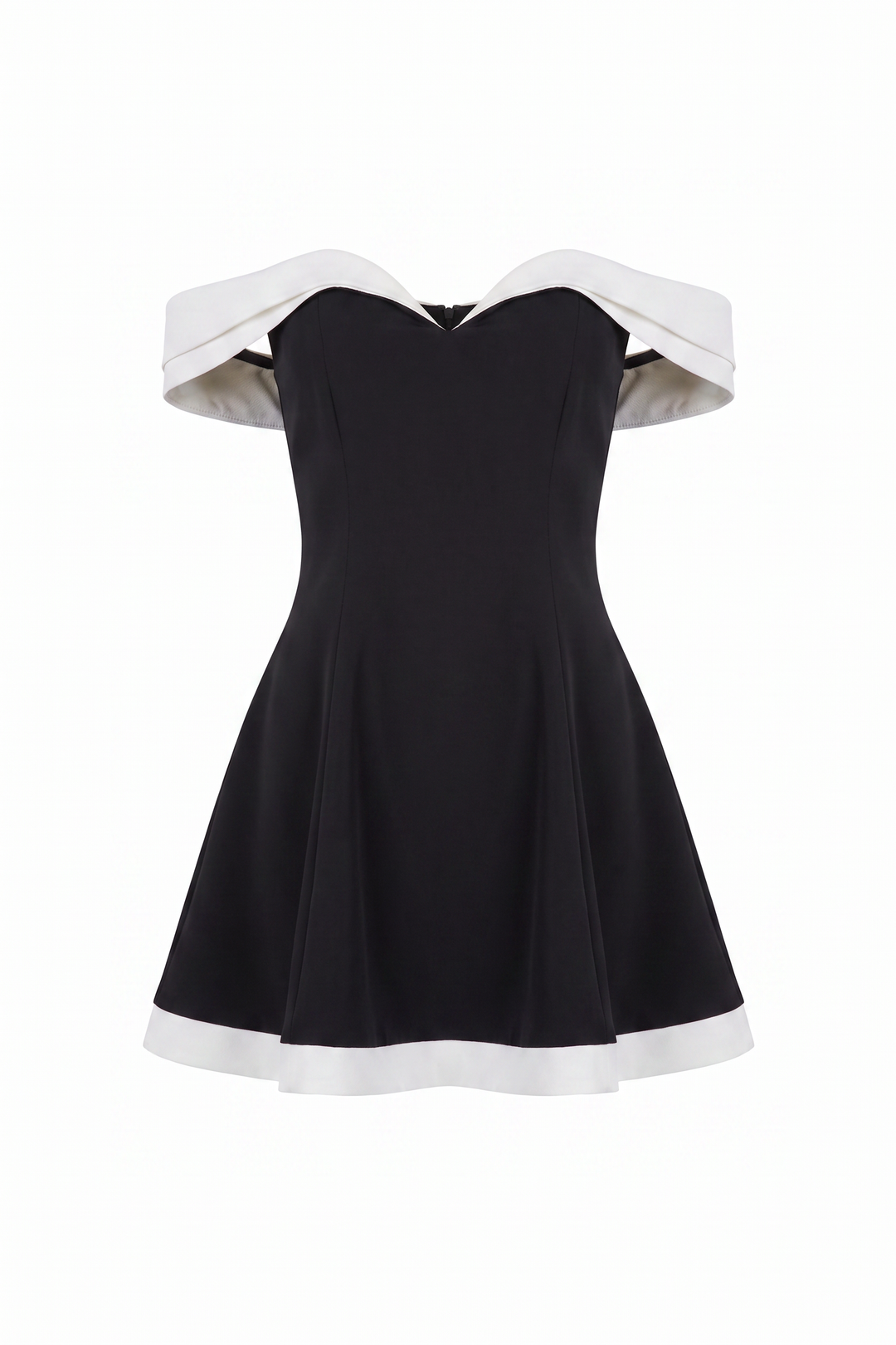 The Kovelle Off Shoulder Contrast Flare Mini Dress photographed on its own against a white background, showing the white off shoulder band and hem trim