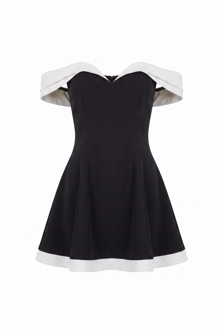 The Kovelle Off Shoulder Contrast Flare Mini Dress photographed on its own against a white background, showing the white off shoulder band and hem trim
