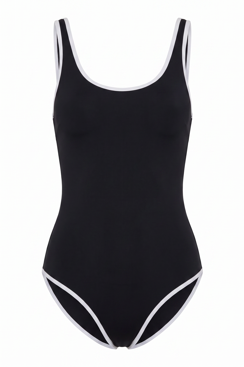 The Kovelle Black Scoop Swimsuit photographed on its own against a white background, showing the scoop neck and white piping