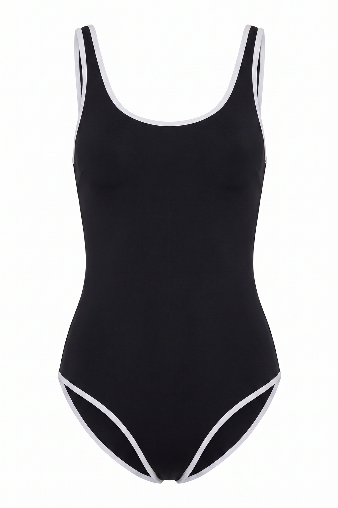 The Kovelle Black Scoop Swimsuit photographed on its own against a white background, showing the scoop neck and white piping