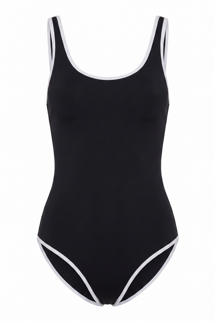 The Kovelle Black Scoop Swimsuit photographed on its own against a white background, showing the scoop neck and white piping