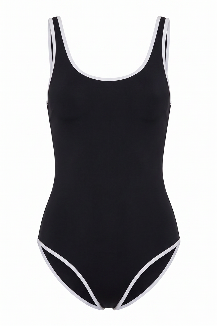 The Kovelle Black Scoop Swimsuit photographed on its own against a white background, showing the scoop neck and white piping