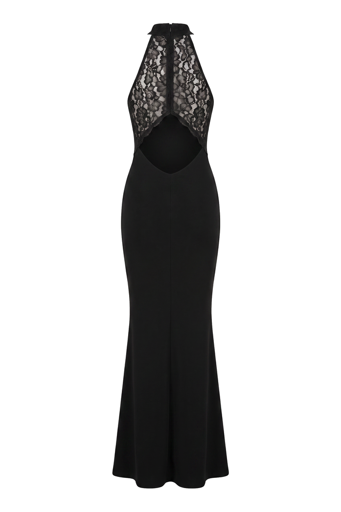 The Kovelle After-Dark Lace Halter Maxi Dress photographed on its own against a white background