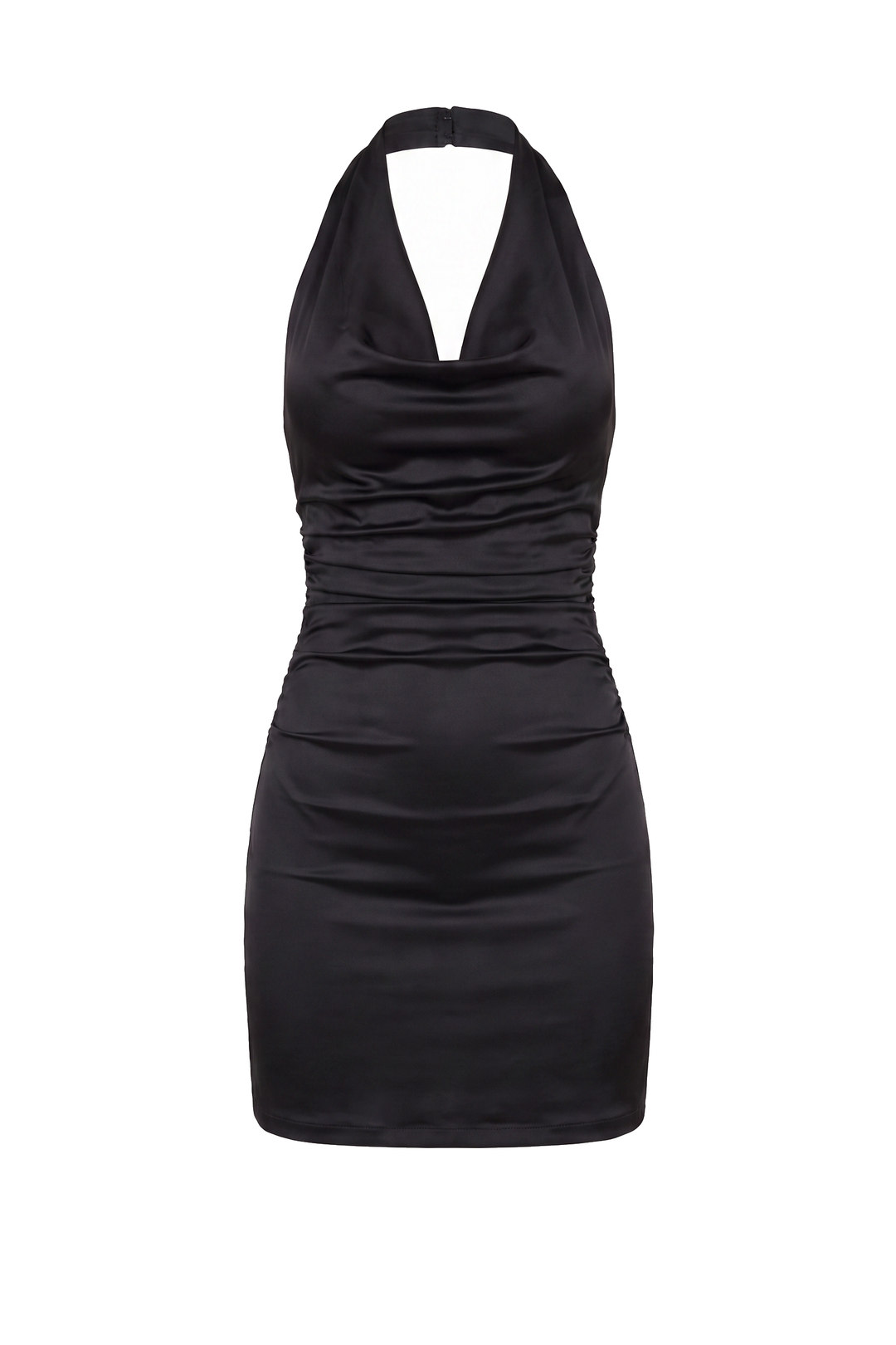 The Kovelle Black Satin Halter Tie Back Mini Dress photographed on its own against a white background