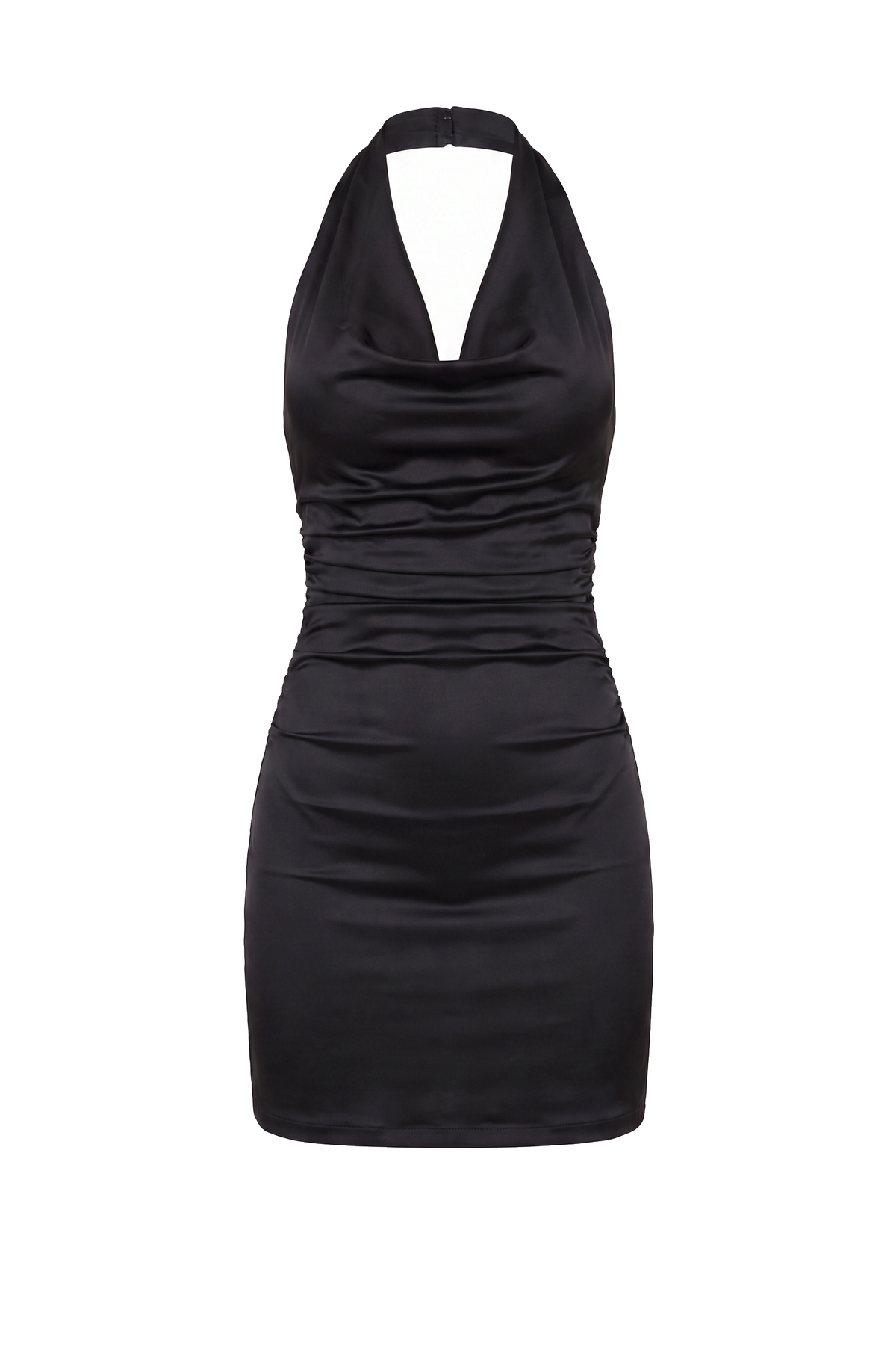 Black Satin Halter Tie Back Mini Dress