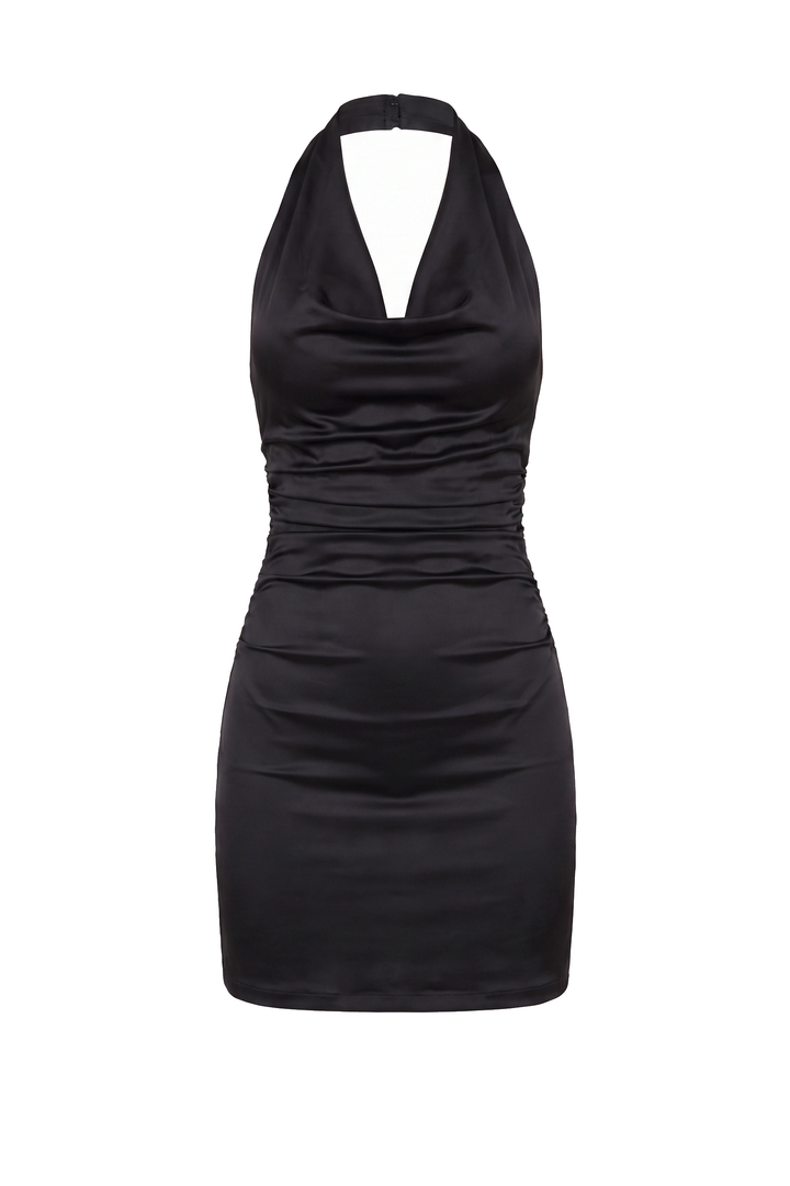 The Kovelle Black Satin Halter Tie Back Mini Dress photographed on its own against a white background