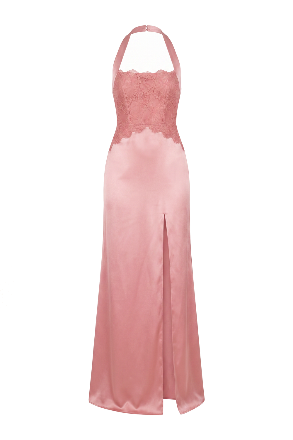 The Kovelle Blush Satin Lace Square Neck Maxi Dress photographed on its own against a white background