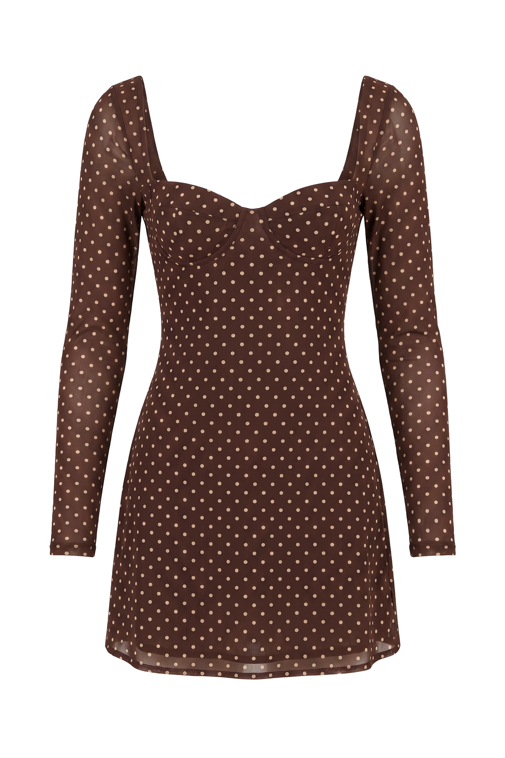 The Kovelle Brown Polka Dot Long Sleeve Mini Dress photographed on its own against a white background