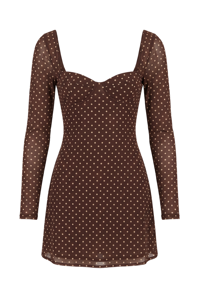 The Kovelle Brown Polka Dot Long Sleeve Mini Dress photographed on its own against a white background