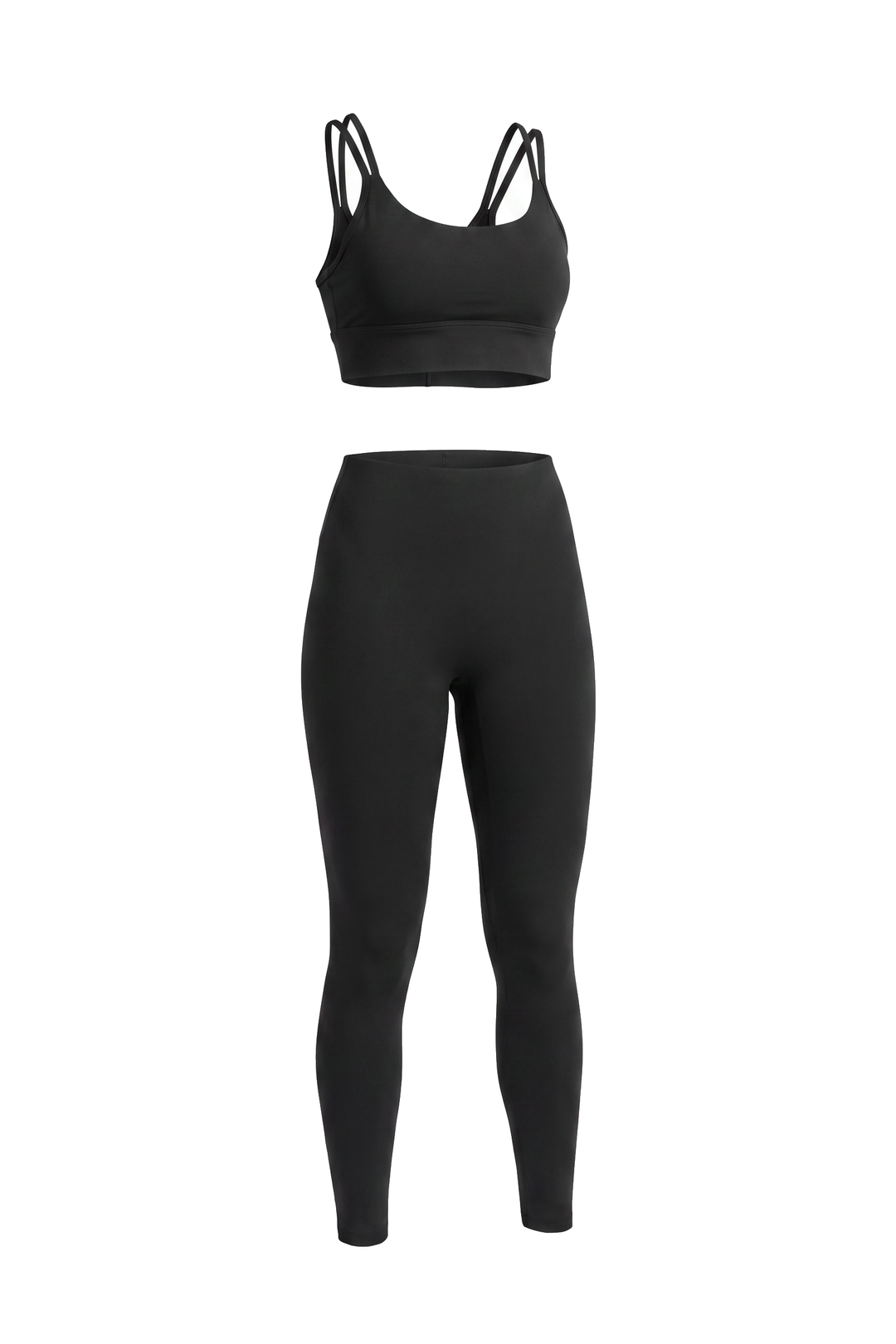 The Kovelle Cross Back Leggings Set in black photographed on its own against a white background, showing the sports bra and matching leggings