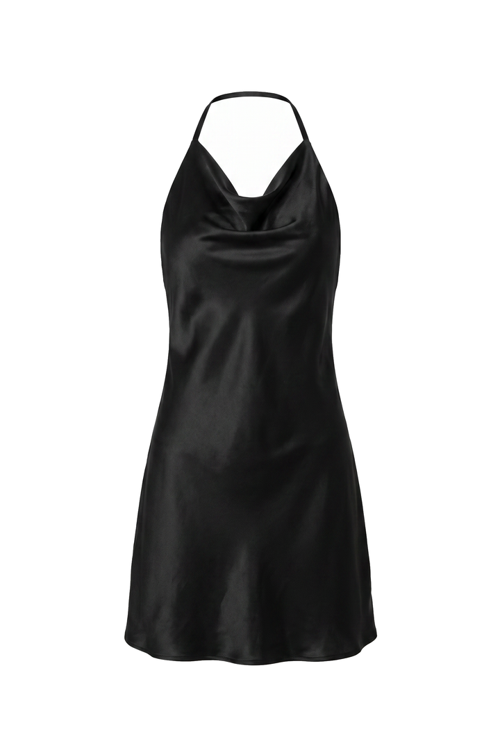The Kovelle First-Date Satin Halter Mini Dress photographed on its own against a white background