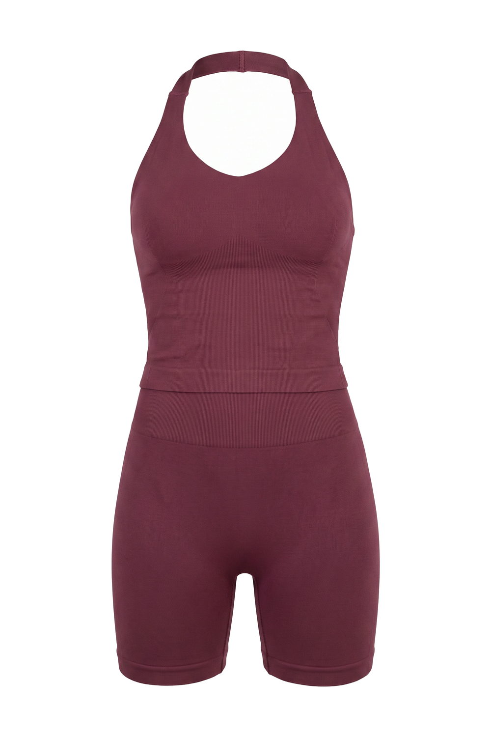 The Kovelle Halter Vest Gym Set in winter berry photographed on its own against a white background, showing the vest top and matching shorts
