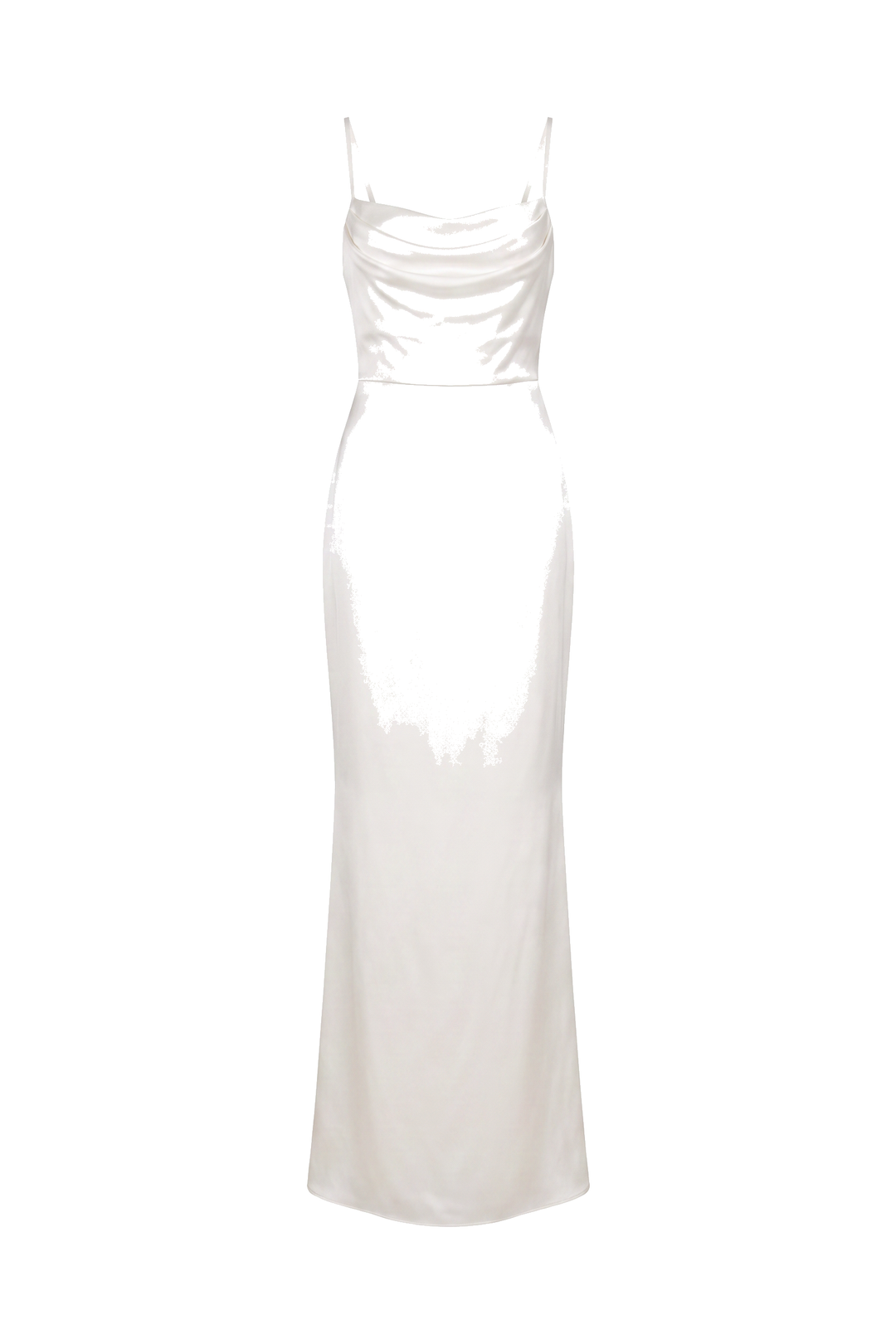 The Kovelle Ivory Satin Column Maxi Gown photographed on its own against a white background