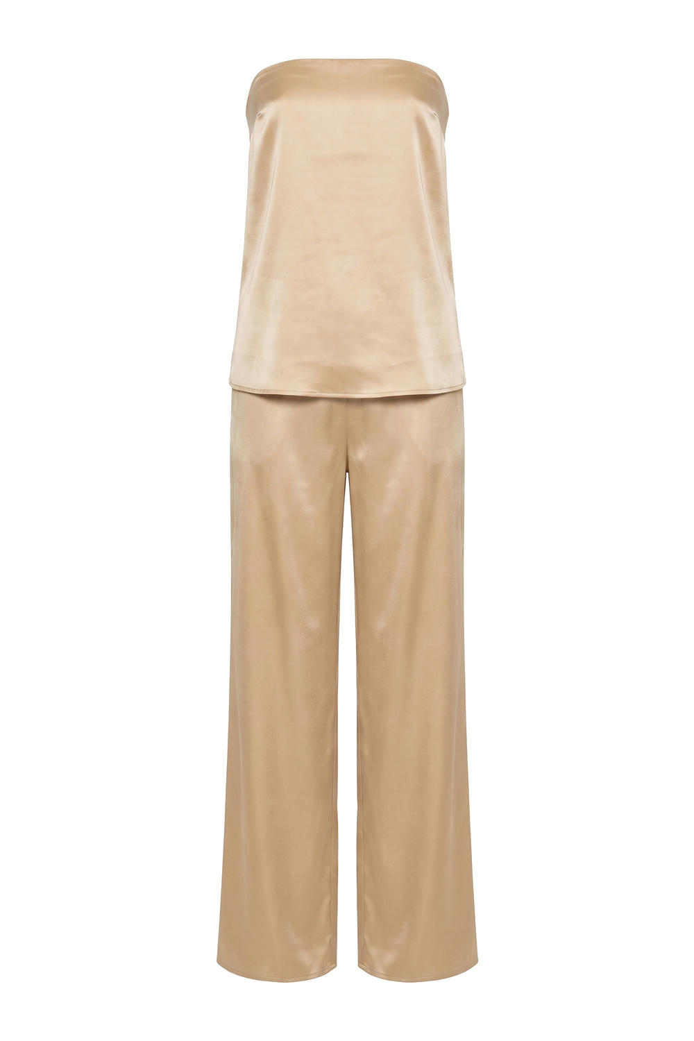 The Kovelle Rooftop Satin Trouser Set photographed on its own against a white background, showing the top and matching wide leg trousers