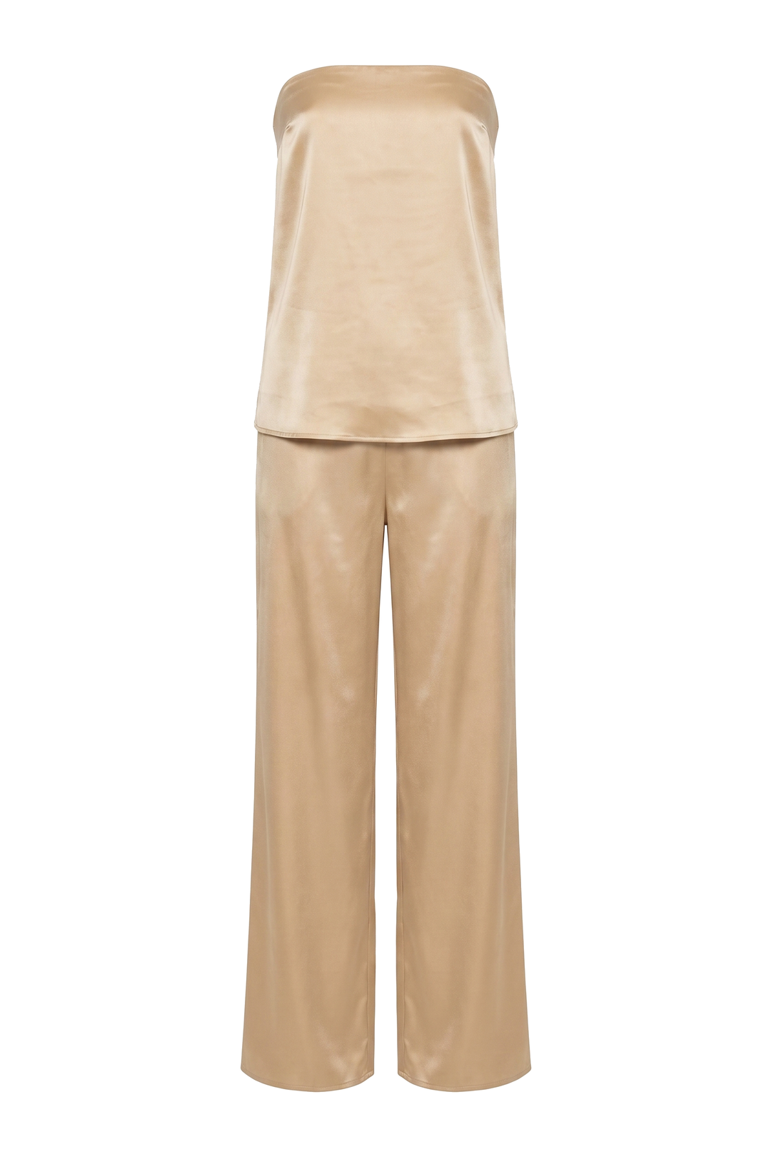 The Kovelle Rooftop Satin Trouser Set photographed on its own against a white background, showing the top and matching wide leg trousers