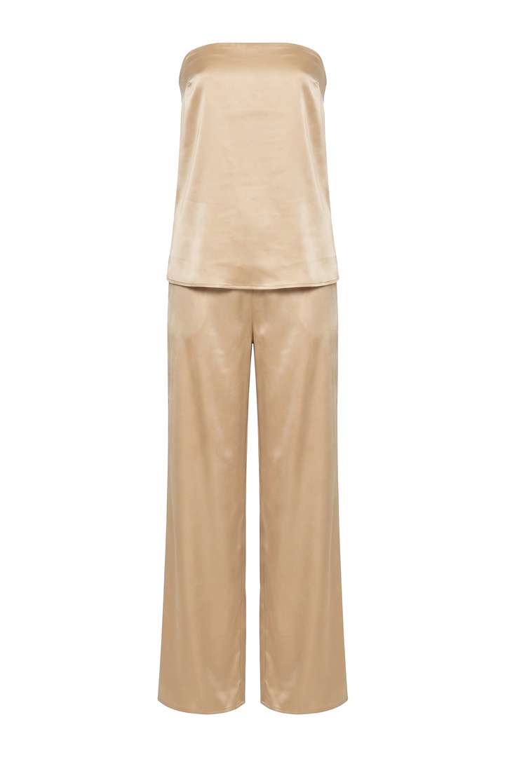 The Kovelle Rooftop Satin Trouser Set photographed on its own against a white background, showing the top and matching wide leg trousers