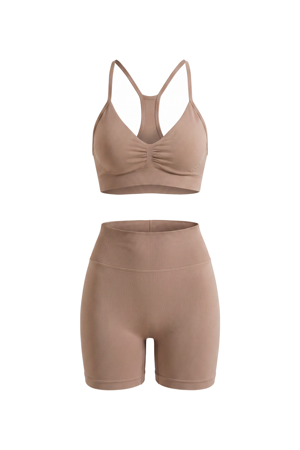 The Kovelle Ruched Seamless Gym Set in mocha photographed on its own against a white background, showing the bra and matching shorts