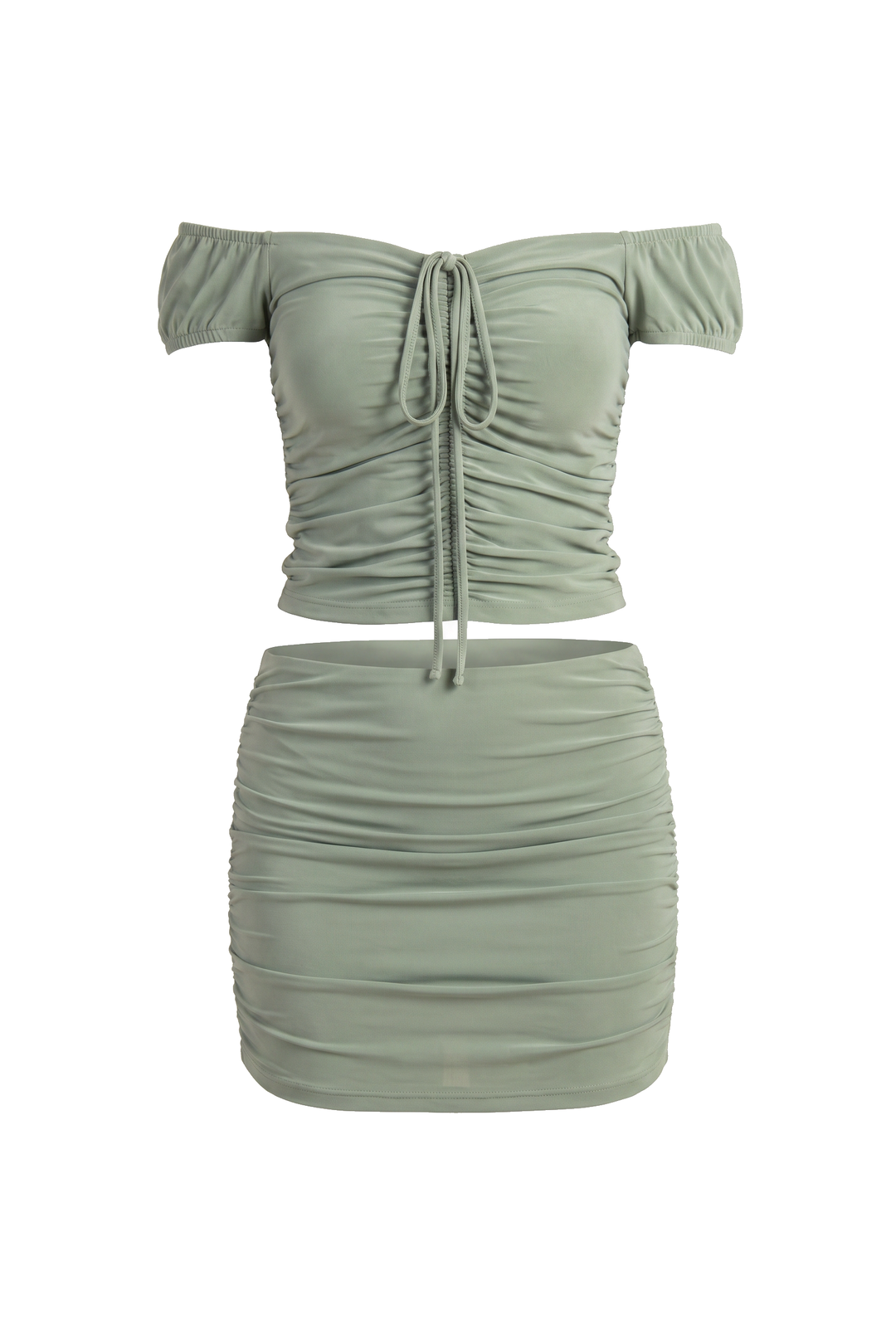 The Kovelle Sage Ruched Off Shoulder Two Piece Set photographed on its own against a white background, showing the top and matching skirt
