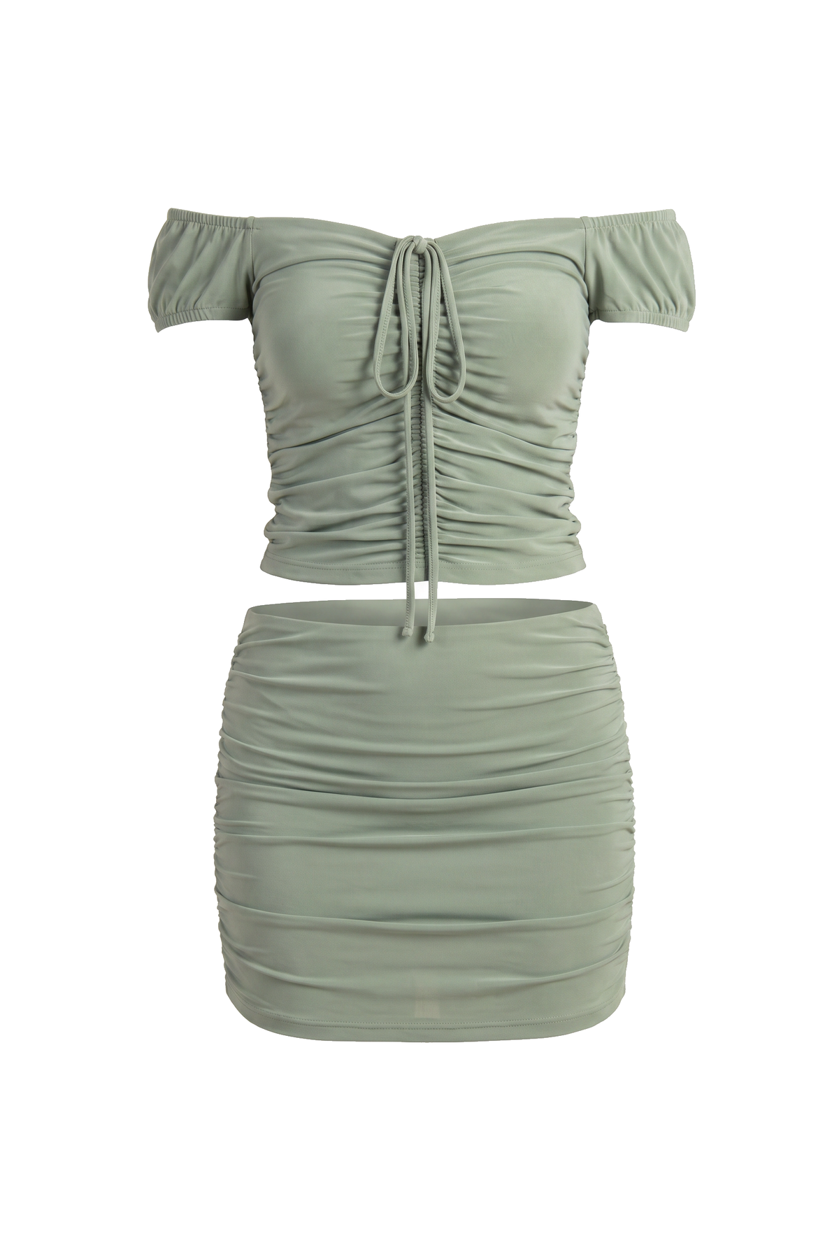 Sage Ruched Off Shoulder Two Piece Set