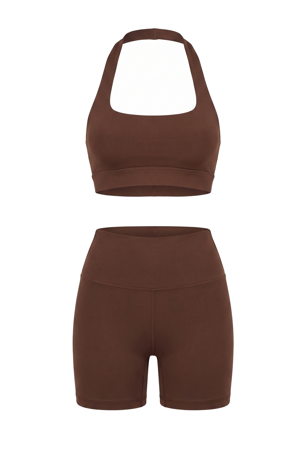 The Kovelle Seamless Halter Gym Set in chocolate photographed on its own against a white background, showing the halter bra and matching shorts