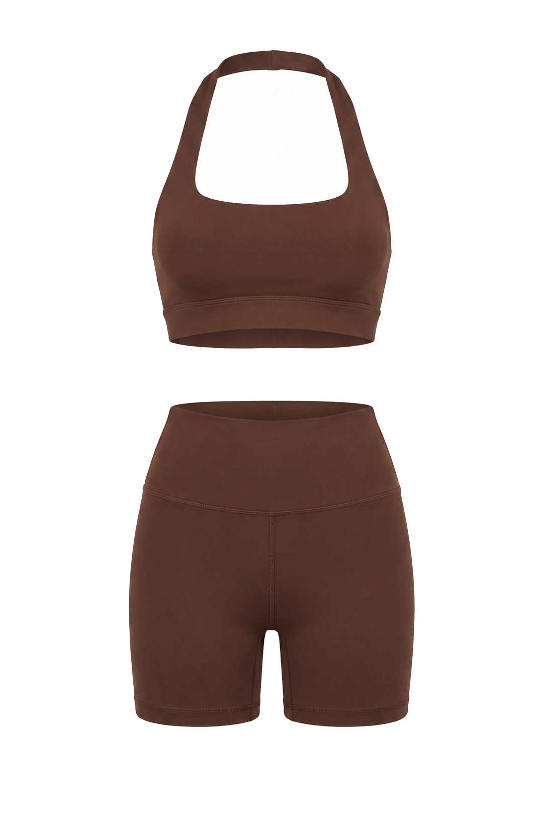 The Kovelle Seamless Halter Gym Set in chocolate photographed on its own against a white background, showing the halter bra and matching shorts