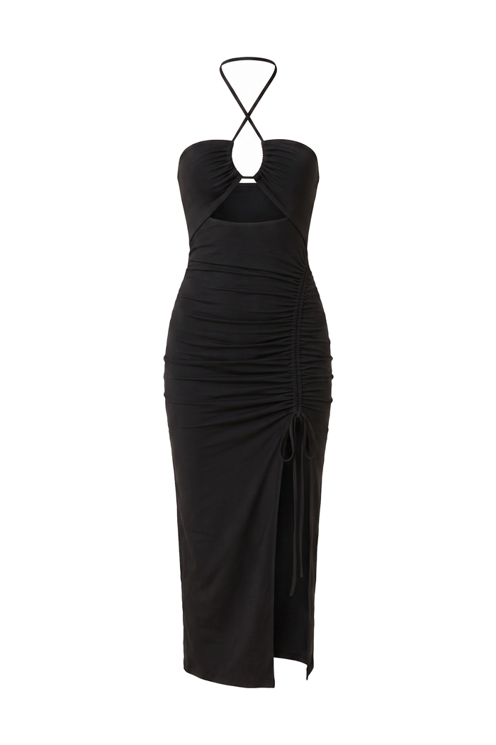 The Kovelle Ruched Halter Cutout Midi Dress photographed on its own against a white background