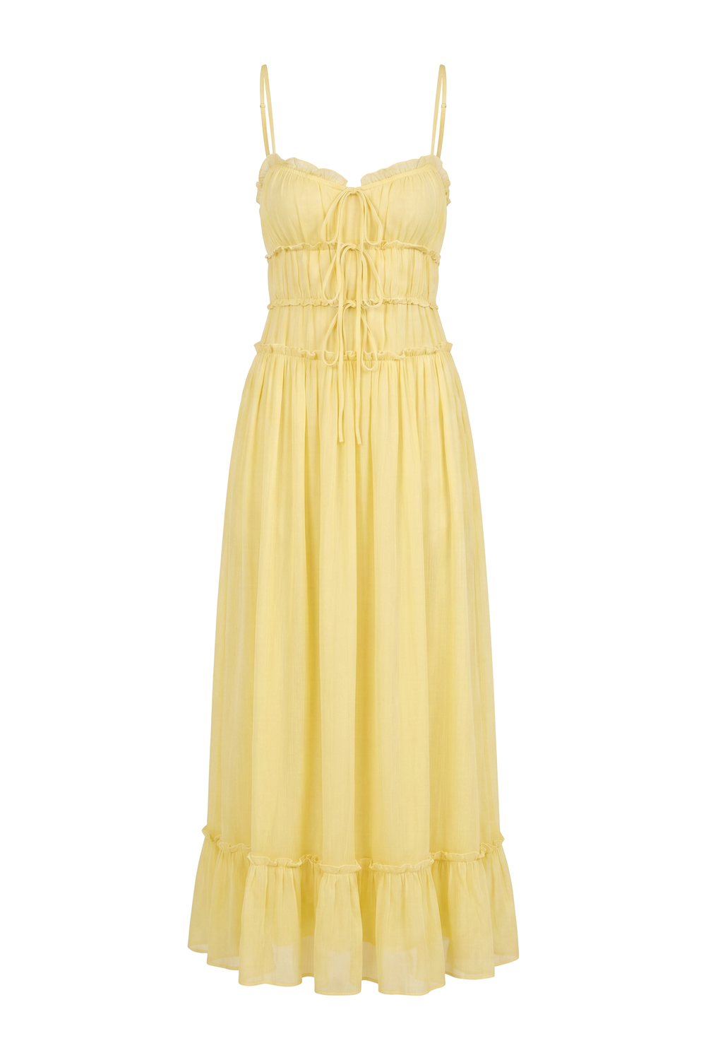 The Kovelle Yellow Tiered Frill Maxi Dress photographed on its own against a white background