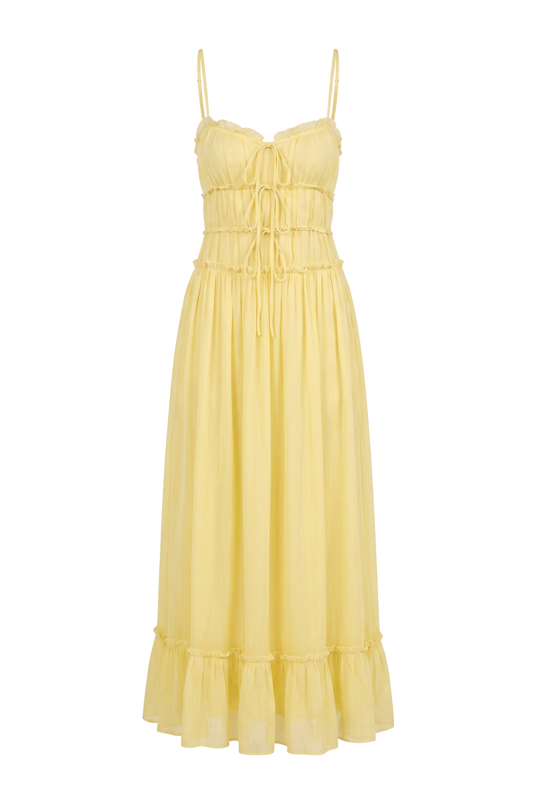 The Kovelle Yellow Tiered Frill Maxi Dress photographed on its own against a white background