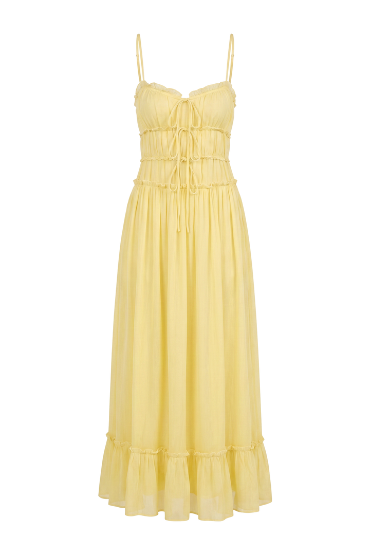 The Kovelle Yellow Tiered Frill Maxi Dress photographed on its own against a white background