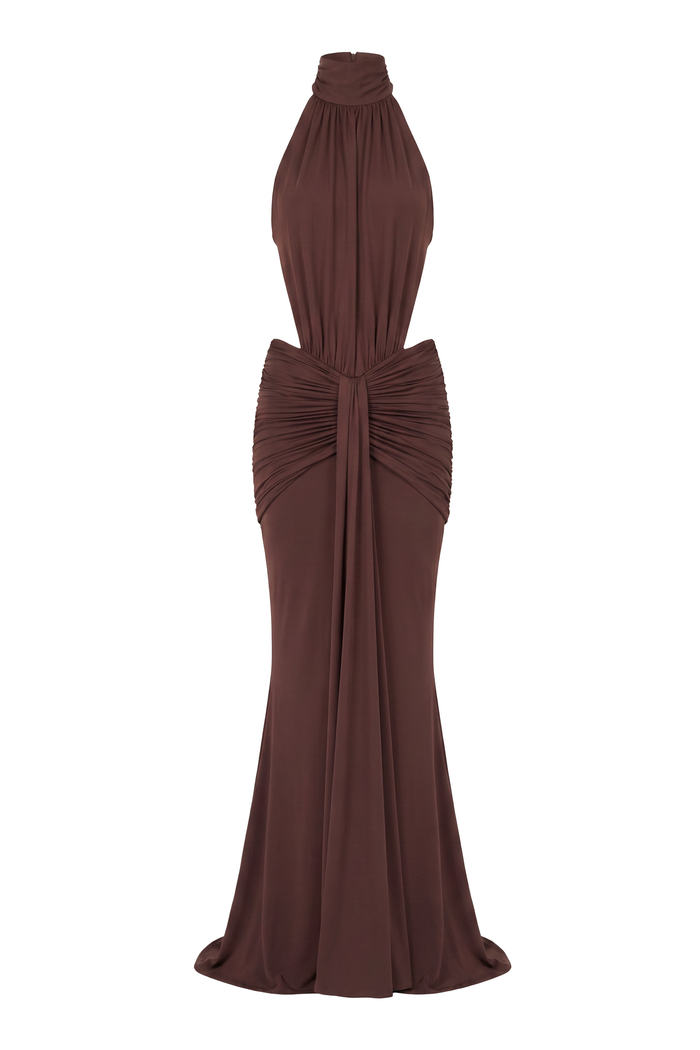 Chocolate Halter Ruched Maxi Dress, product shot on white