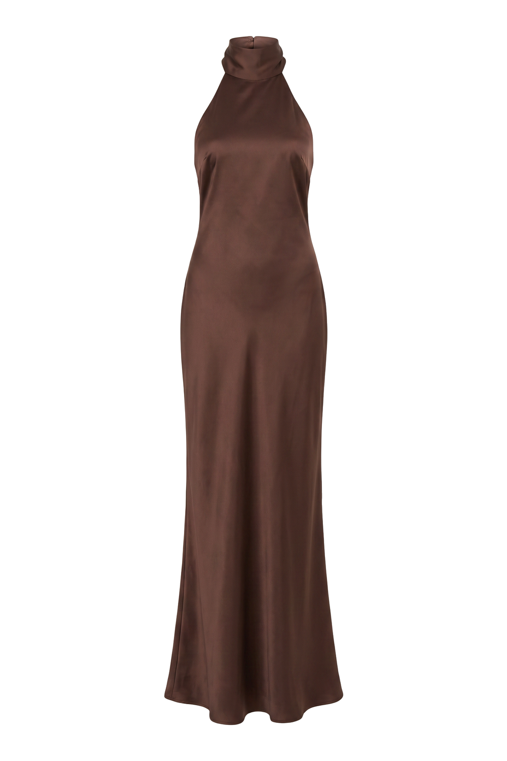 Chocolate Satin Scarf Halter Maxi Dress, product shot on white