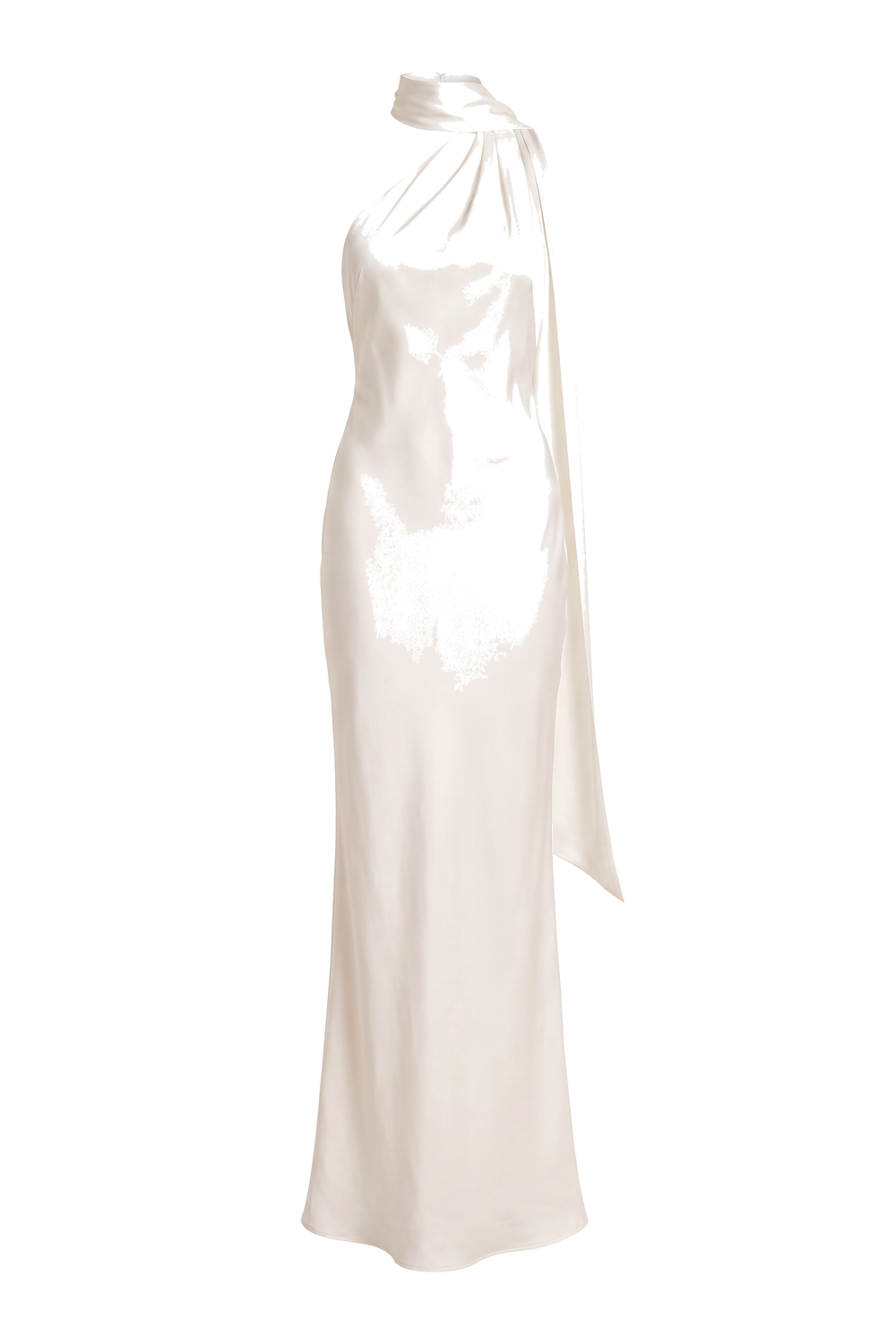 Ivory Scarf Halter Satin Maxi Dress, product shot on white
