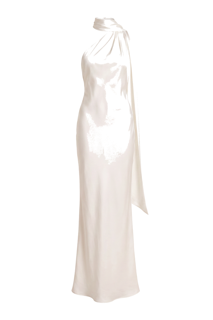 Ivory Scarf Halter Satin Maxi Dress, product shot on white
